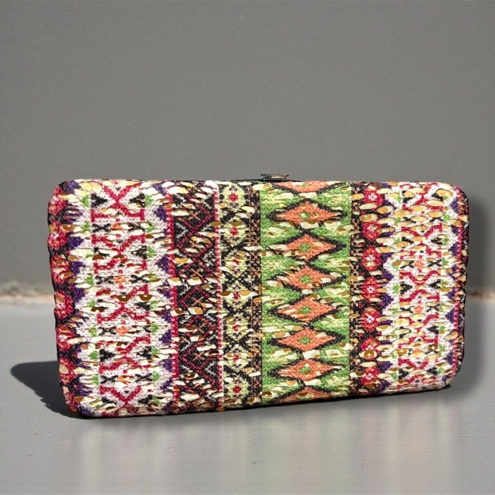Multicolor Embroidered Sequin‎ Clutch Wallet Hard Shell Geometric Tribal Boho